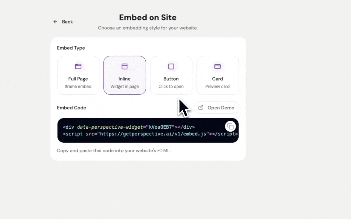 animated Button embed previews cycling through Popup, Slider, and Chat styles