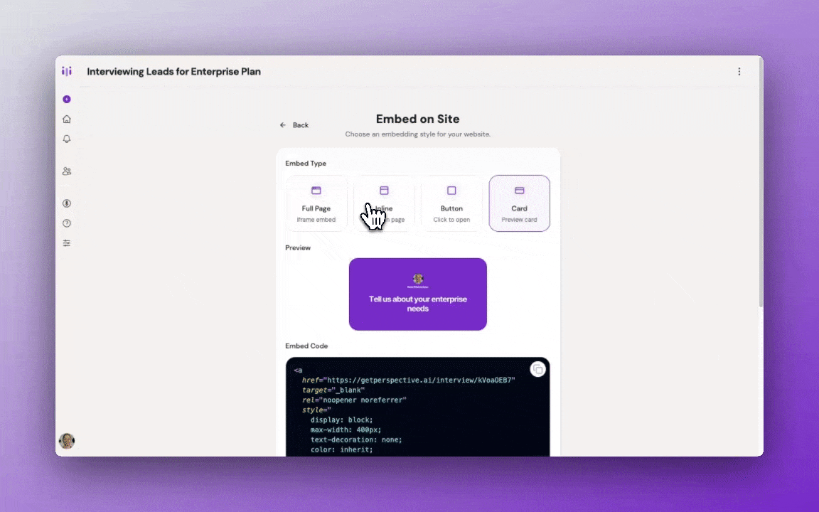 animated Inline embed preview showing interview in page